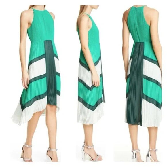 TED BAKER Nellina Pleated Midi Dip Asymmetrical Hem Green Color Block Dress $395 - Picture 4 of 17